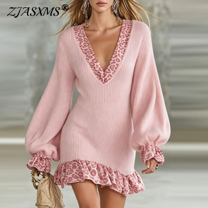 Winter Clothing H&M - Leopard Splice Knit Mini Dress Women